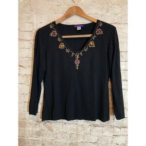 Population Top Womens Large Black Santana Knit Beaded Embroidered Stretch
